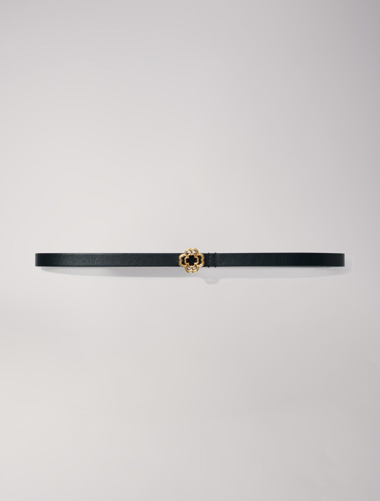 Narrow black leather belt gold buckle