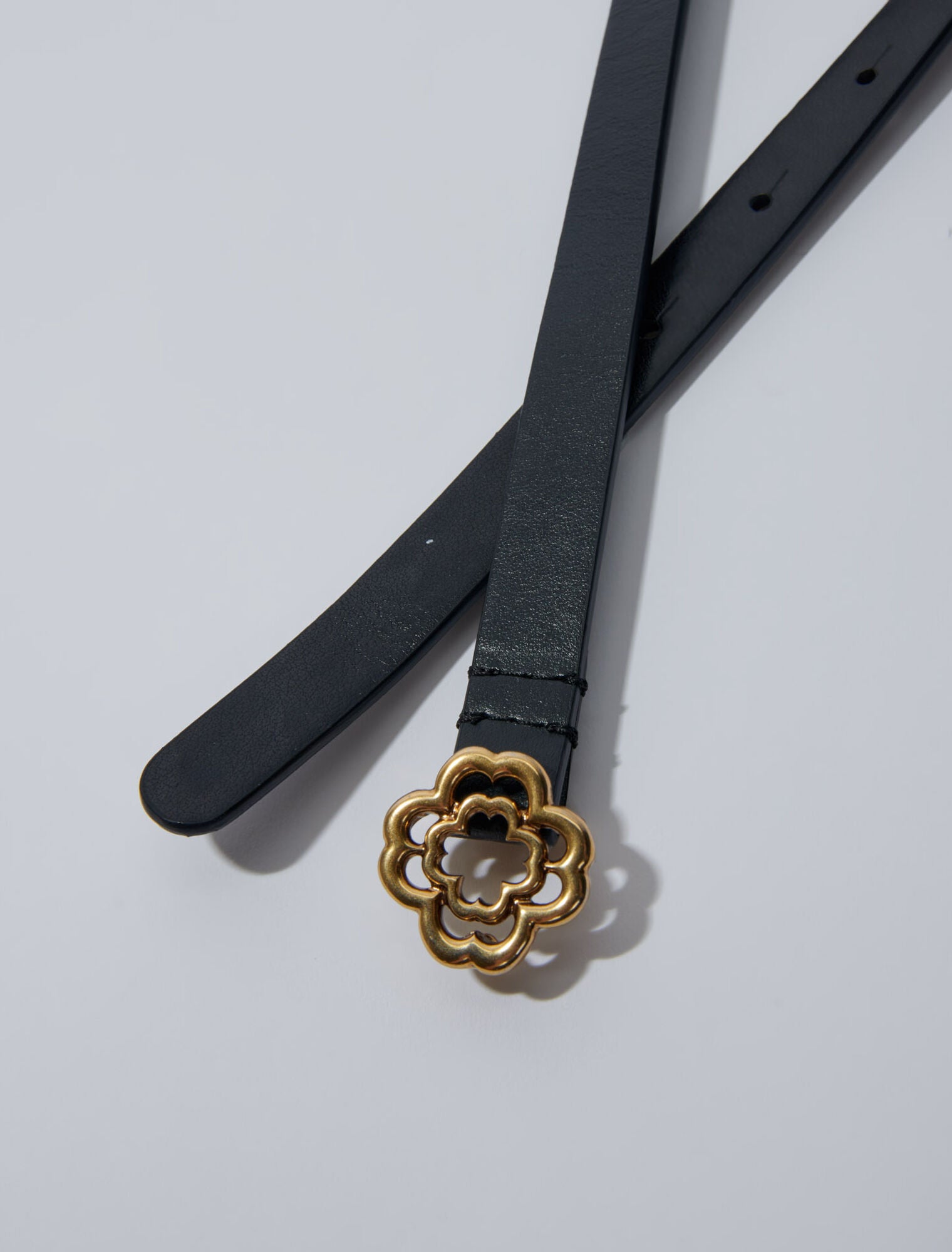 Black featured-Narrow black leather belt gold buckle