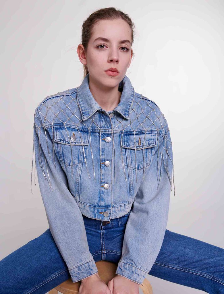 Shop Denim Jacket With Rhinestones for Women Online in Dubai UAE Maje.ae