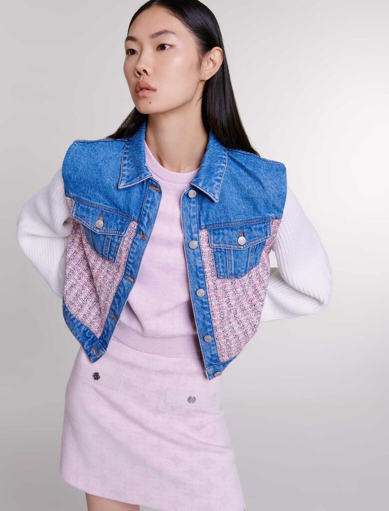 Pink/Ecru featured-Denim and tweed cropped jacket