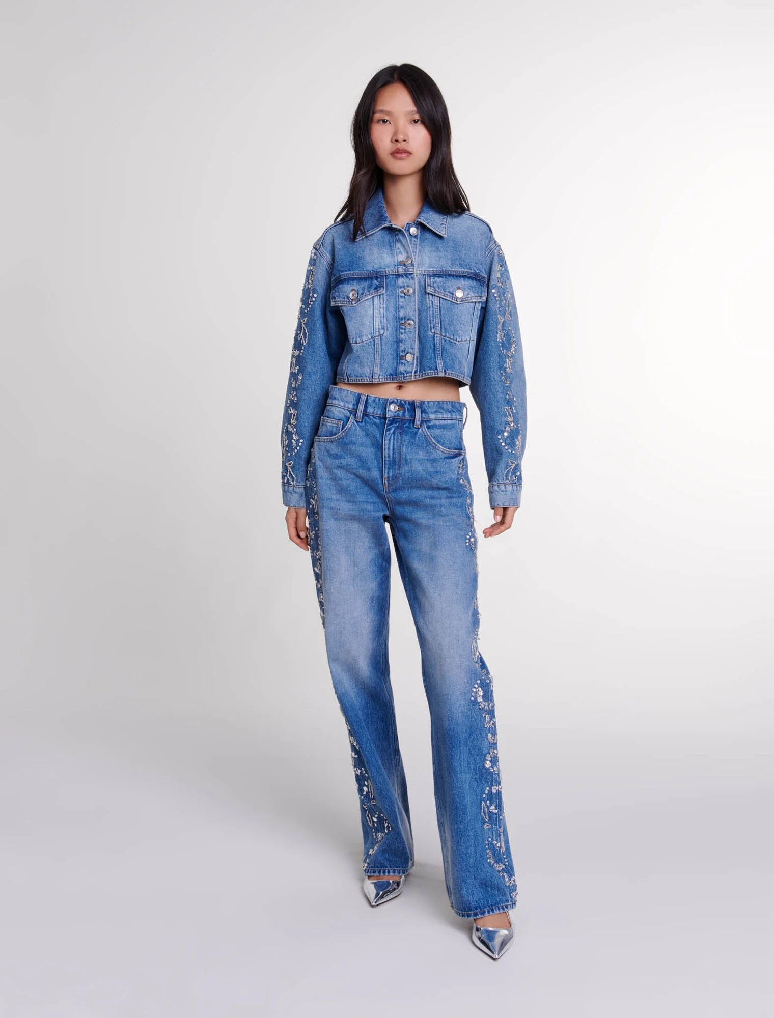 Blue featured Embroidered denim jacket