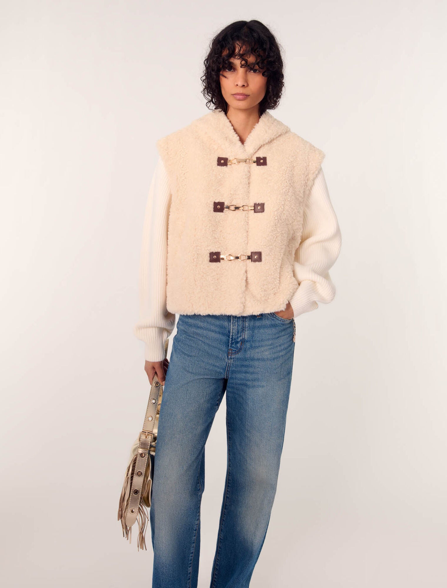 Ecru-Dual-material faux fur jacket