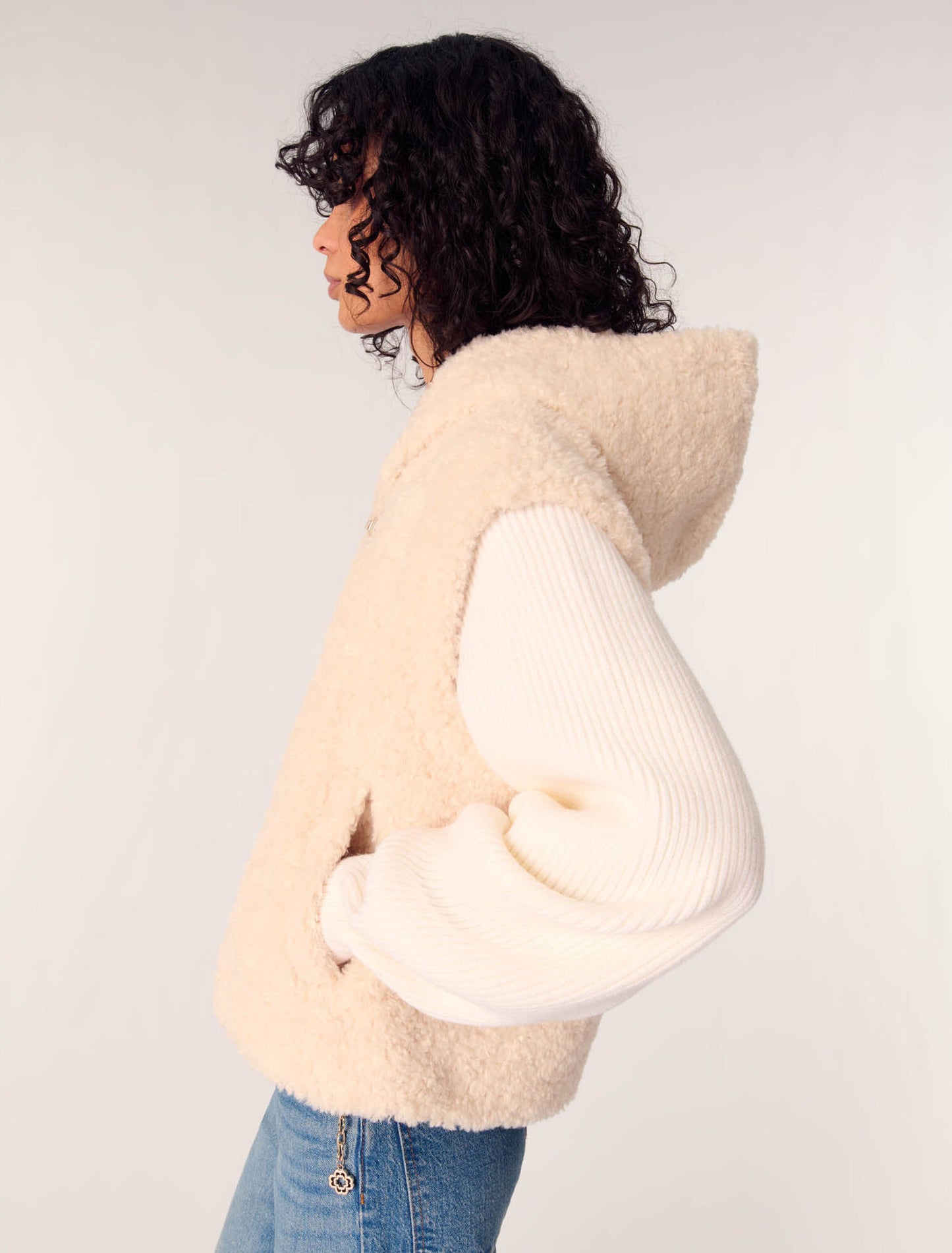 Ecru-Dual-material faux fur jacket