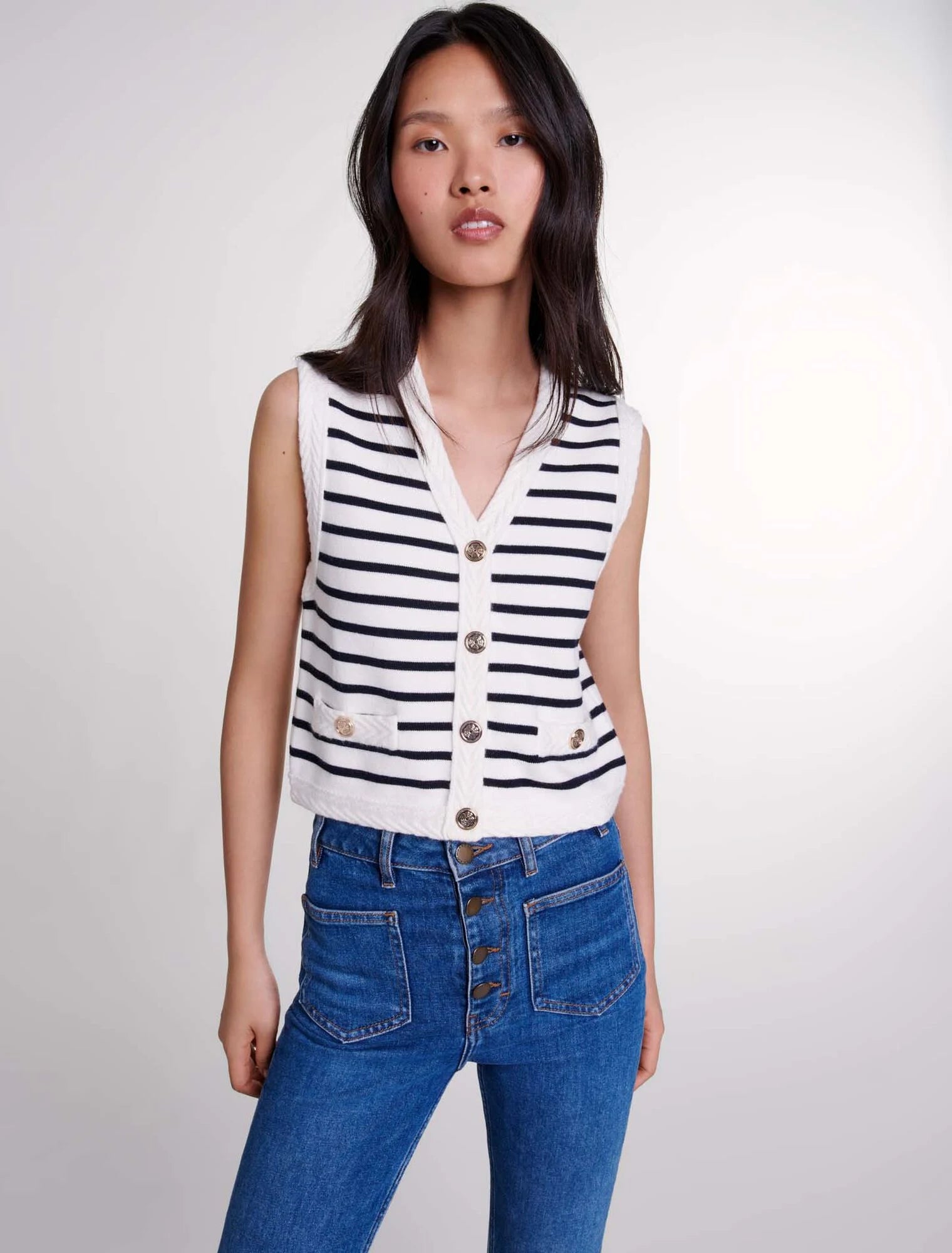 Navy / Ecru-Sleeveless striped cardigan