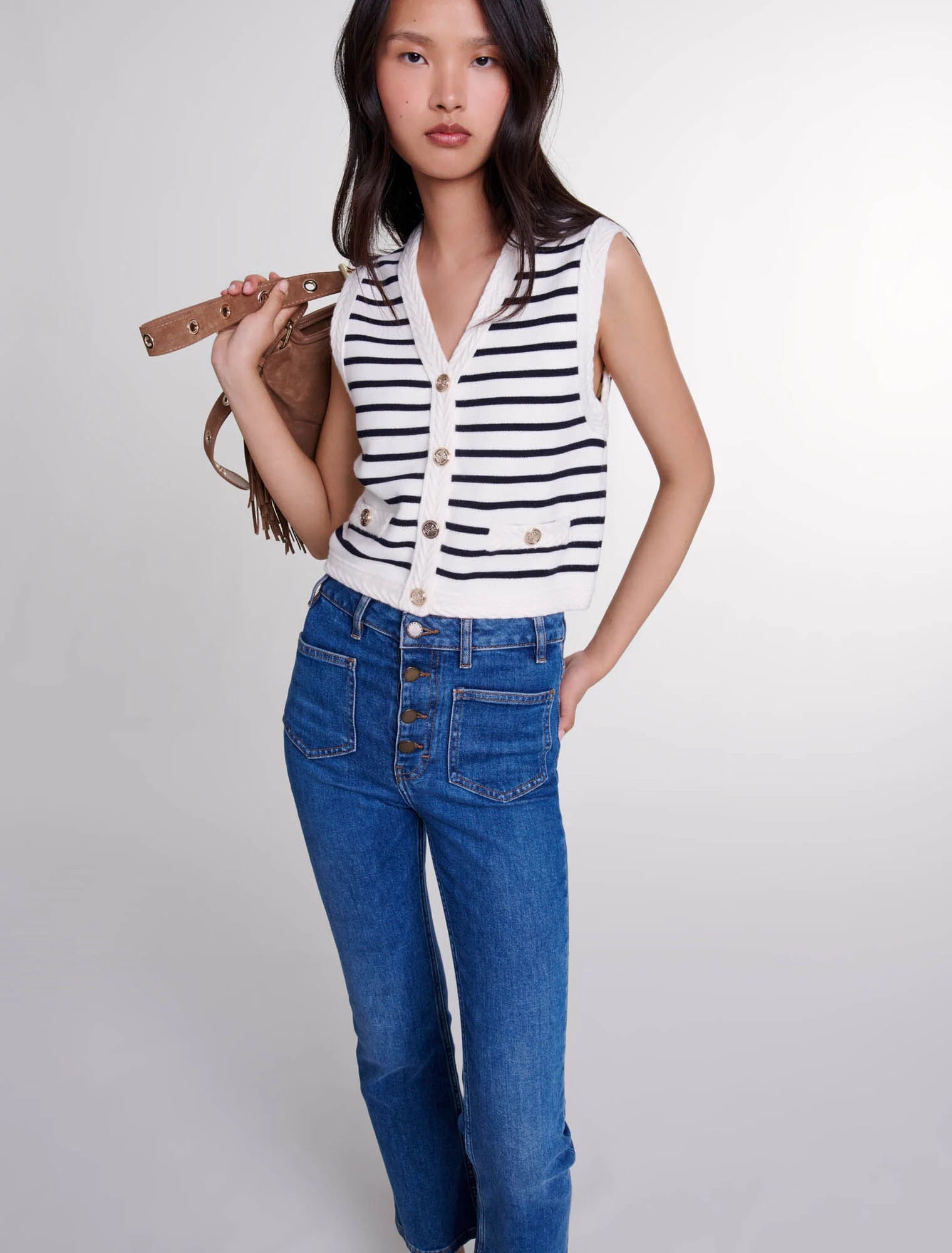 Navy / Ecru-Sleeveless striped cardigan