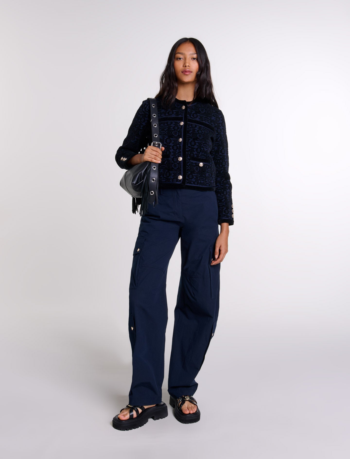 Black/Navy featured-Velvet knit cardigan