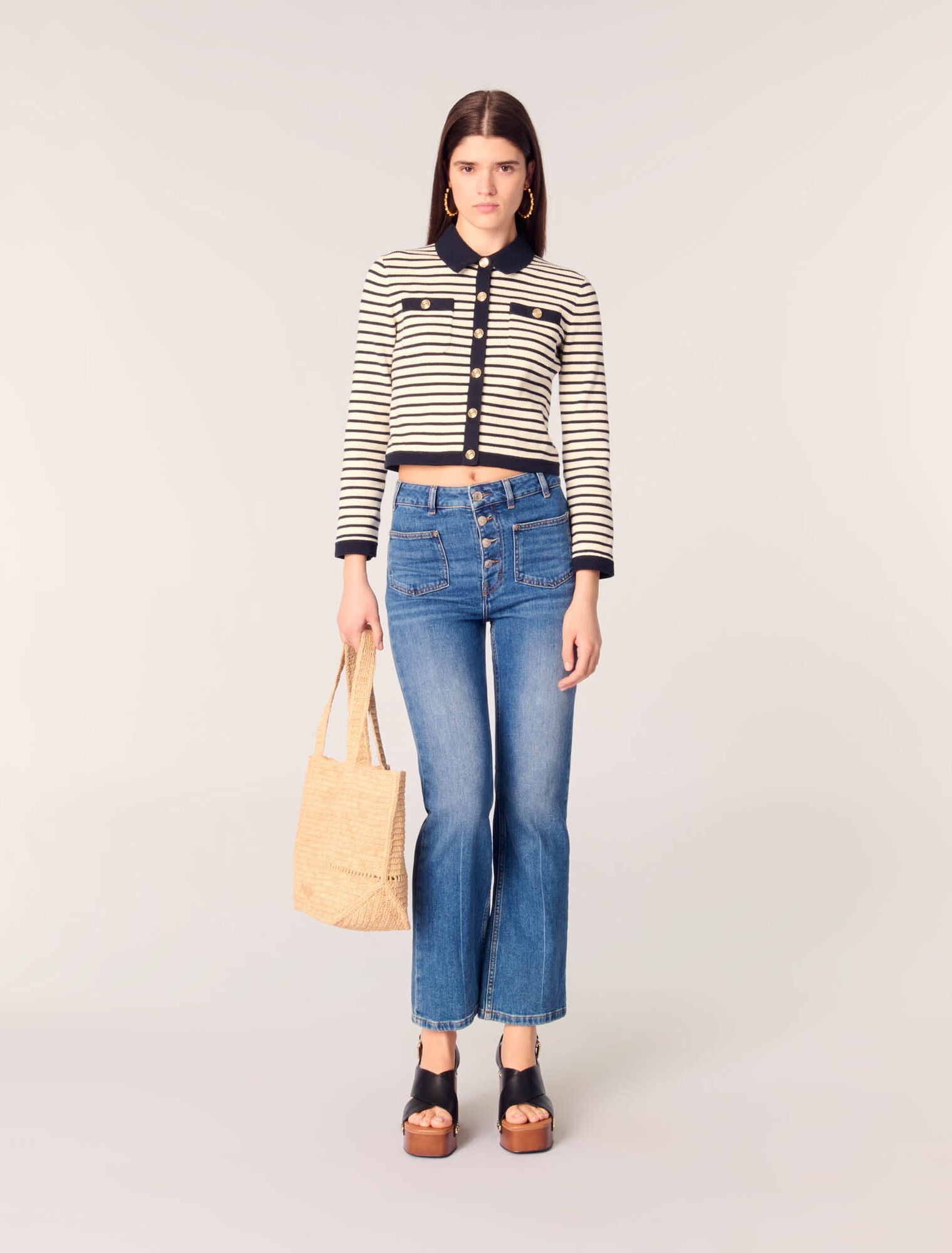 Navy / Ecru-featured-Cropped rib knit cardigan 