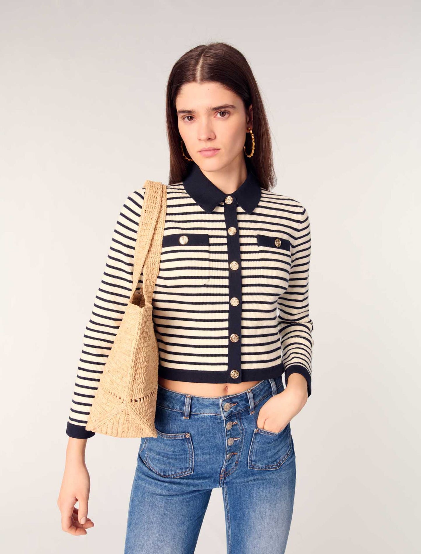 Navy / Ecru-Cropped rib knit cardigan 