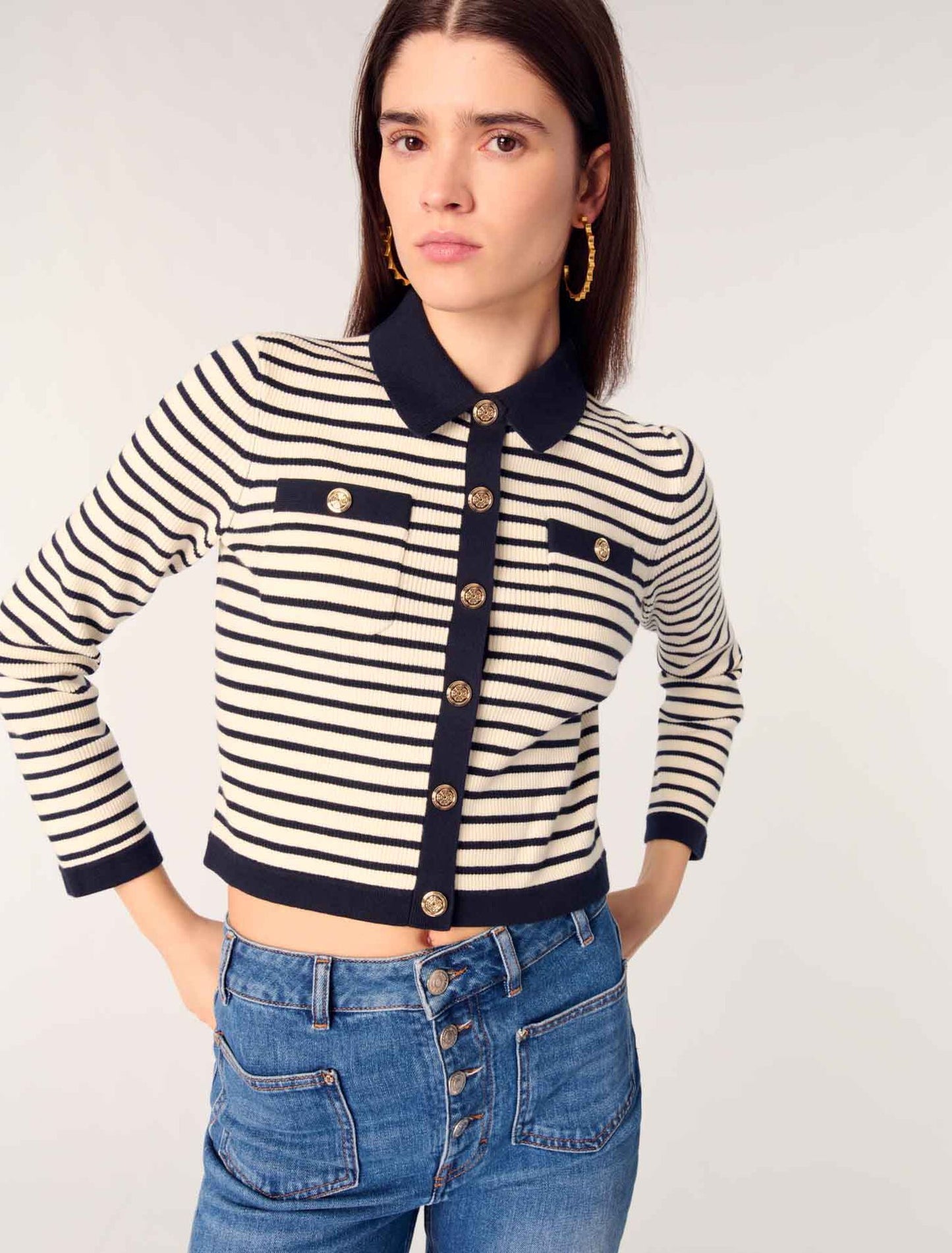 Navy / Ecru-Cropped rib knit cardigan 