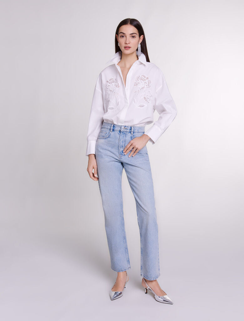 White featured-Crochet poplin shirt