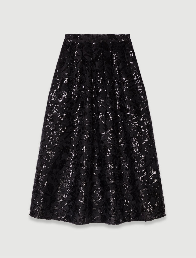 Black featured-Embroidered Sequin Maxi Skirt