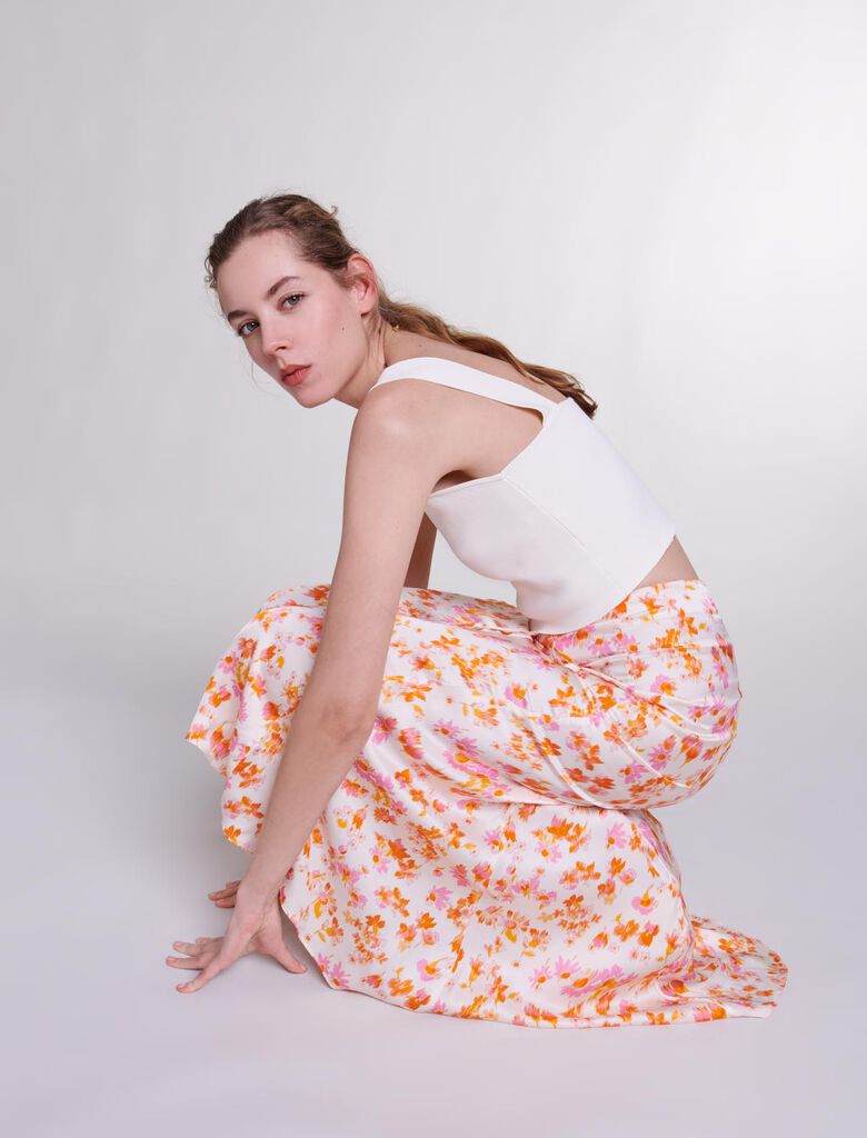 Sping Orange Flower Print-Satin-effect floral skirt