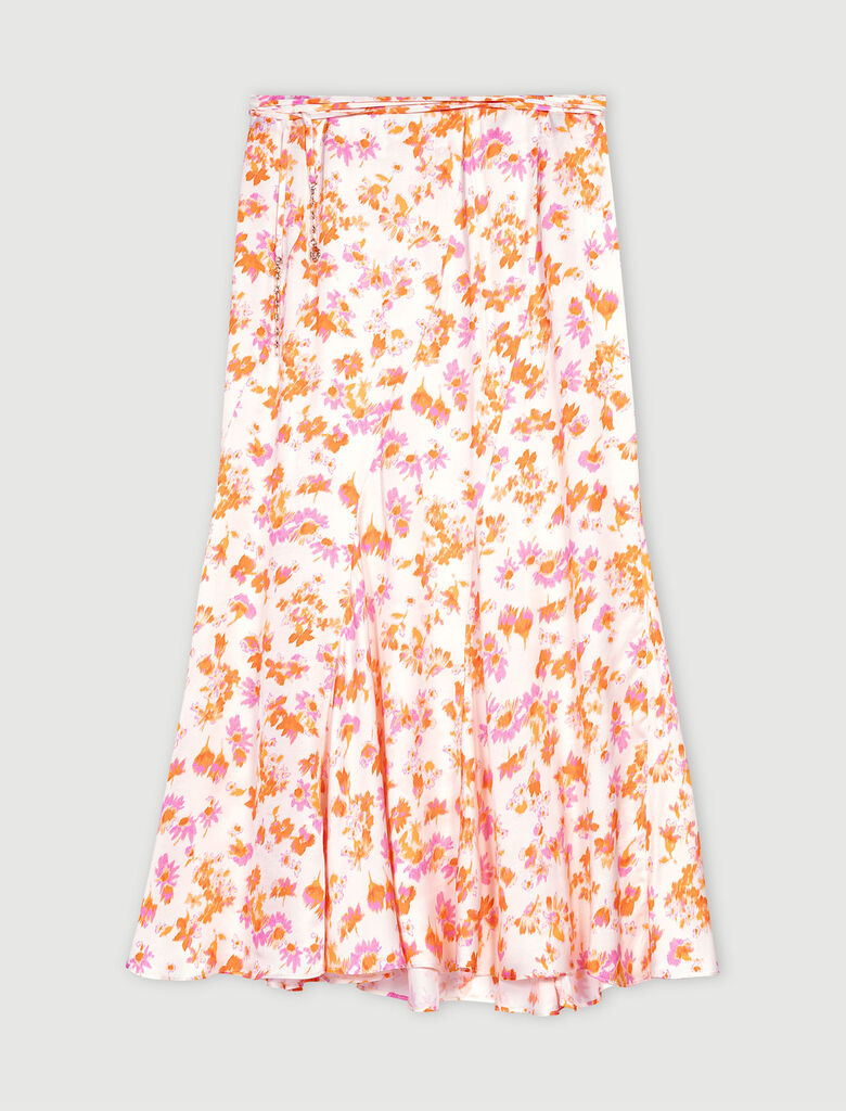 Sping Orange Flower Print-Satin-effect floral skirt