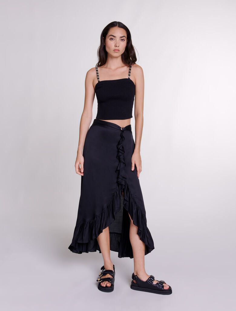 Black featured  Long satin-effect ruffled skirt