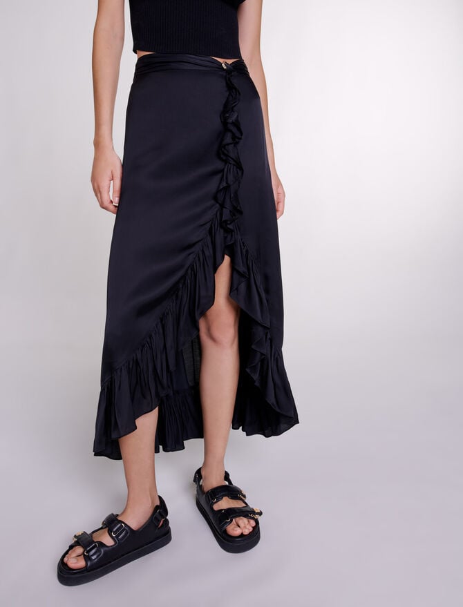 Black Long satin-effect ruffled skirt