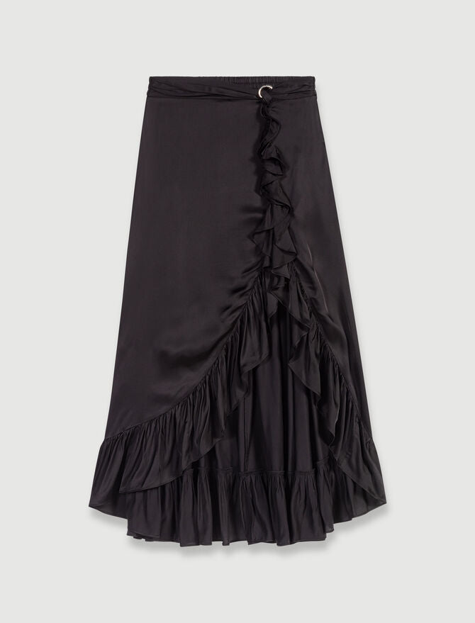 Black Long satin-effect ruffled skirt
