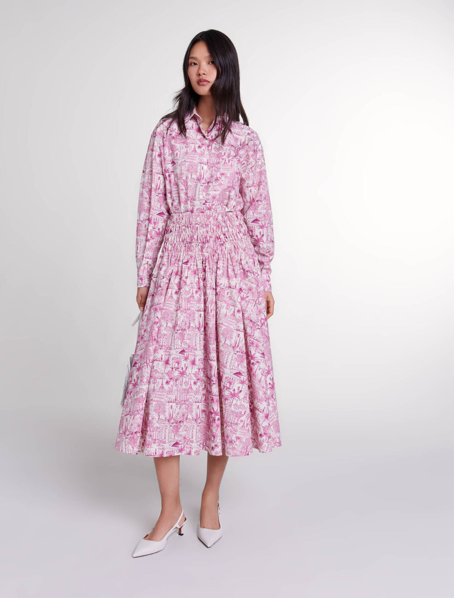 Paris pink print featured-Elasticated smocked-waist skirt