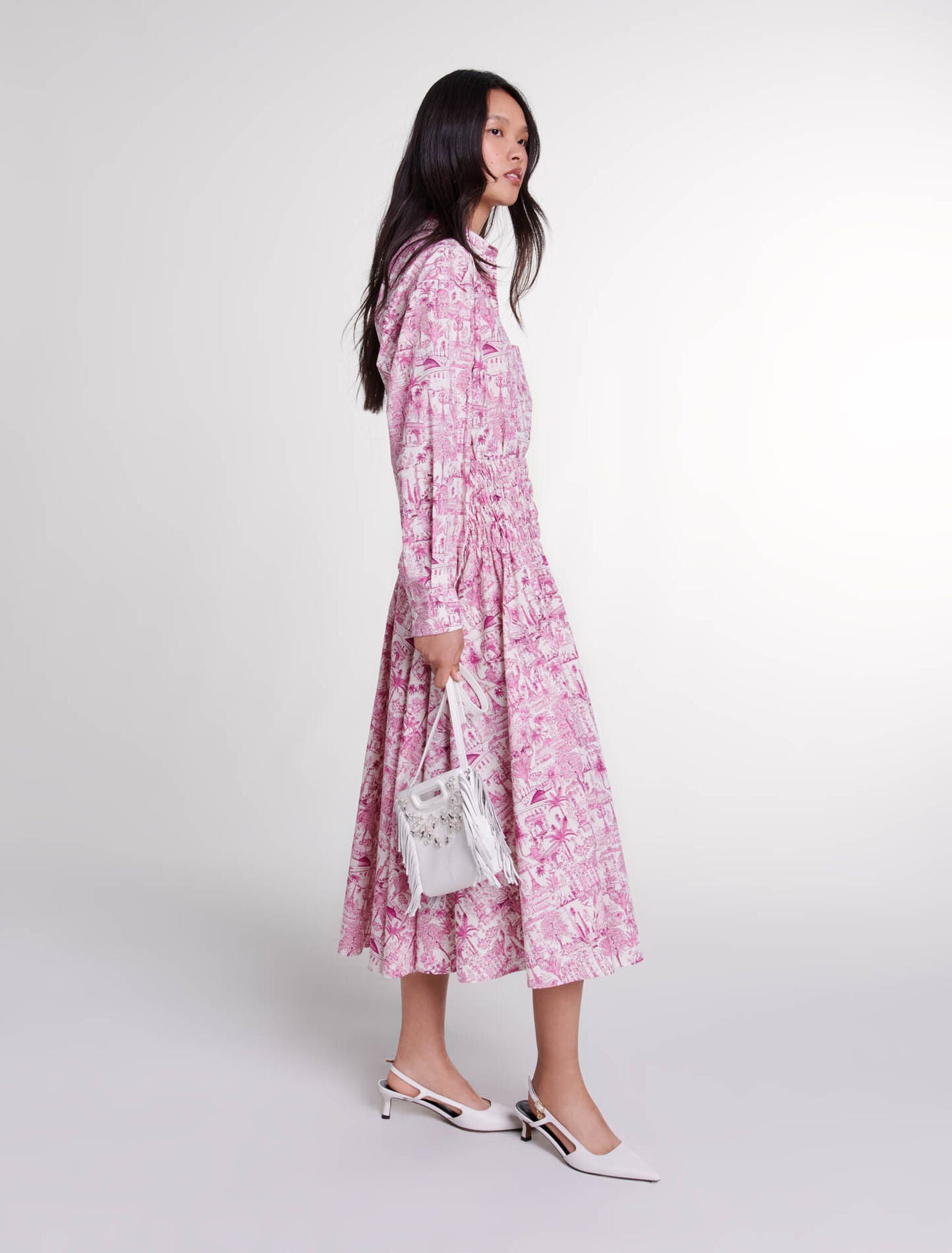 Paris pink print featured-Elasticated smocked-waist skirt