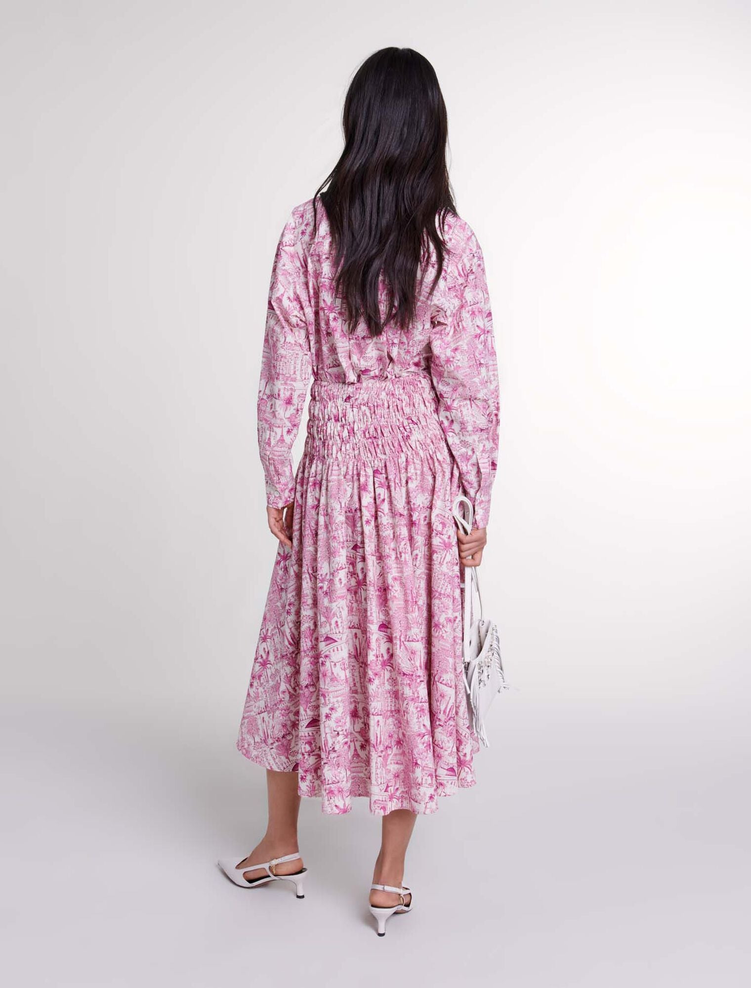 Paris pink print featured-Elasticated smocked-waist skirt