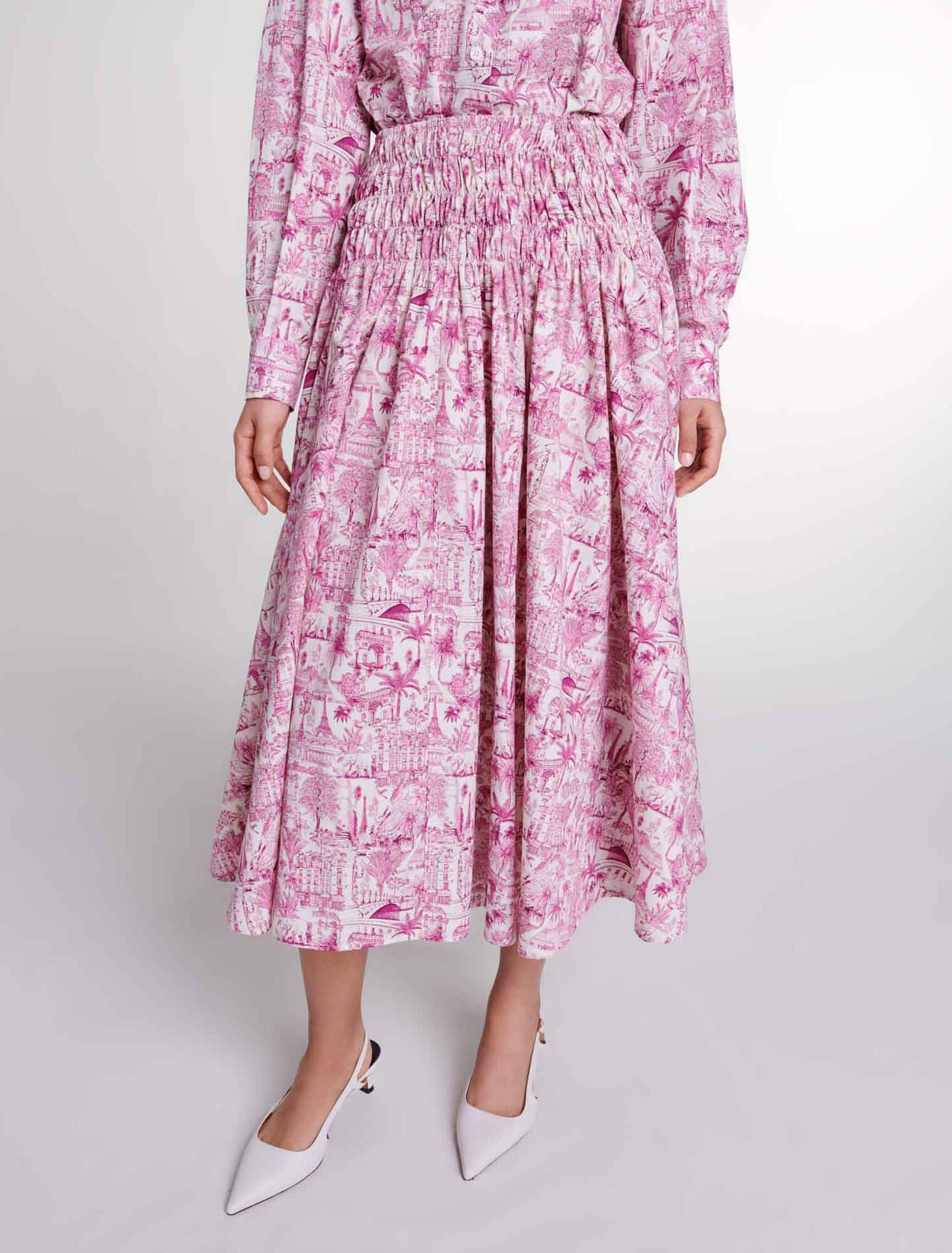 Paris pink print featured-Elasticated smocked-waist skirt