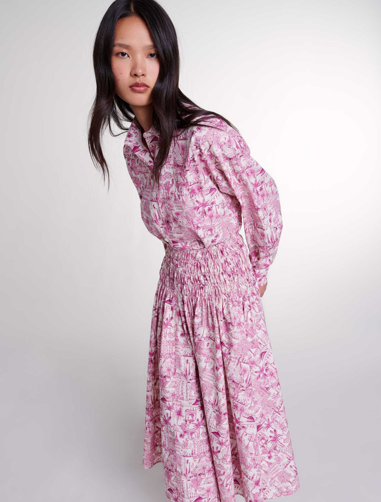 Paris pink print featured-Elasticated smocked-waist skirt