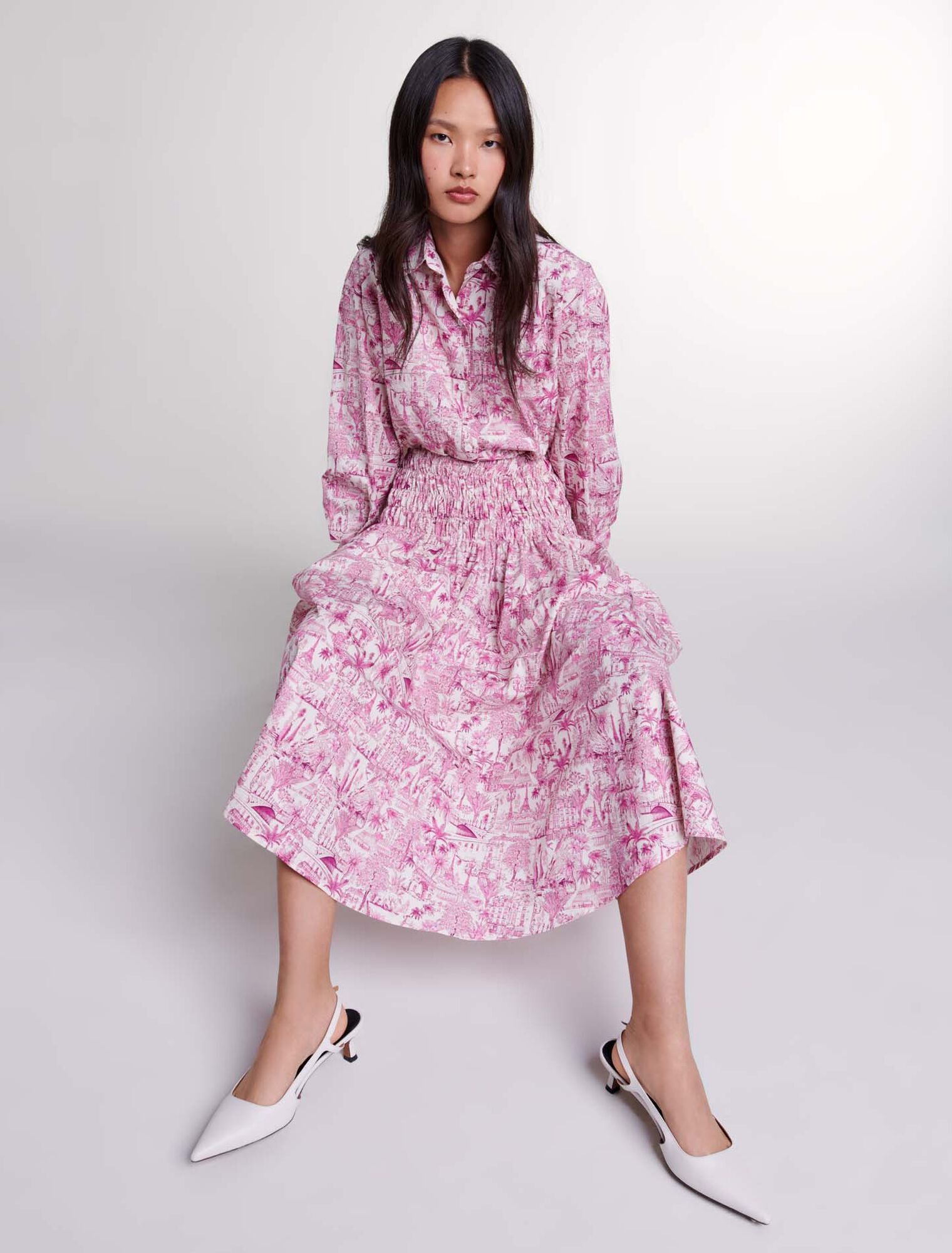 Paris pink print featured-Elasticated smocked-waist skirt