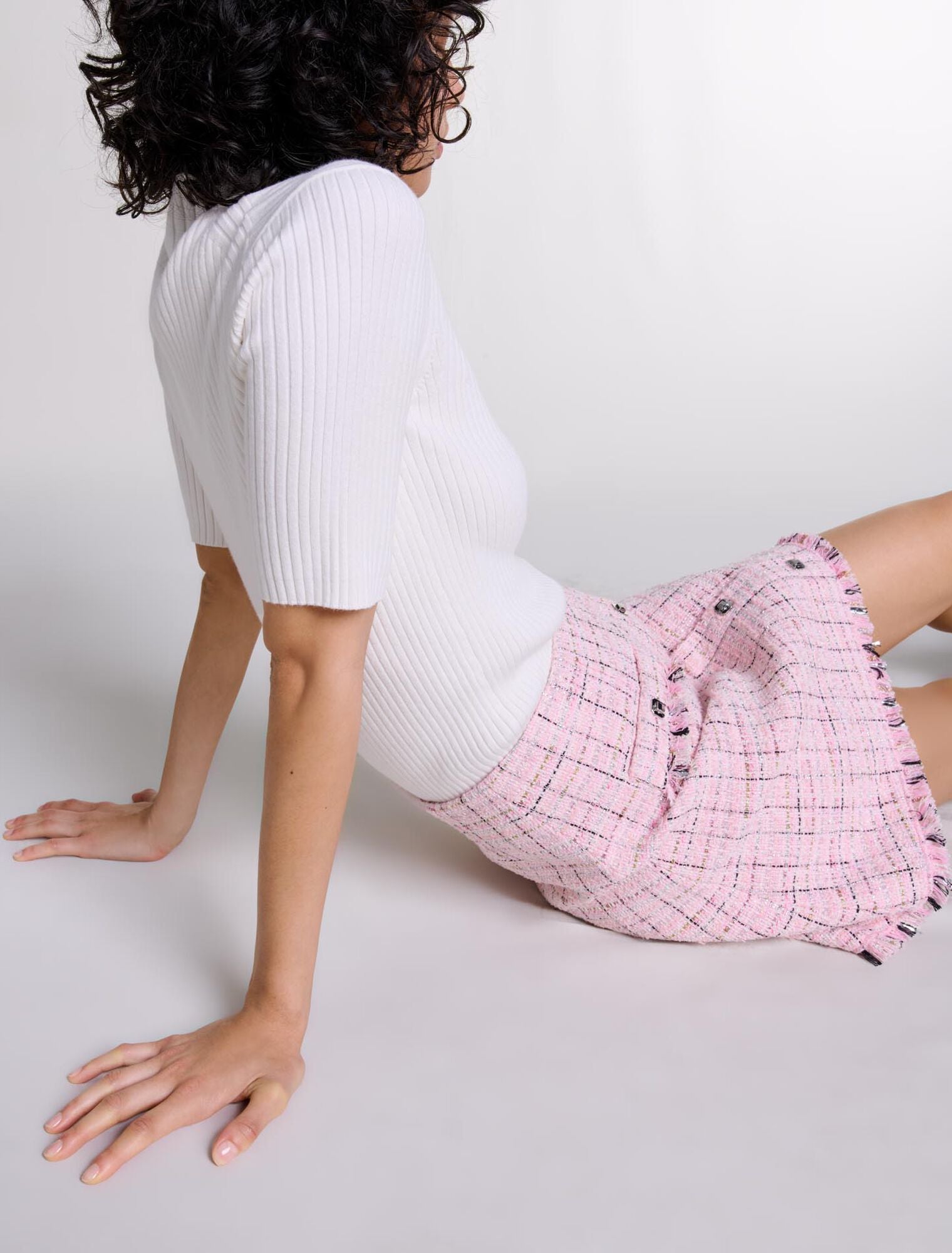 Pink featured-Tweed skirt with belt