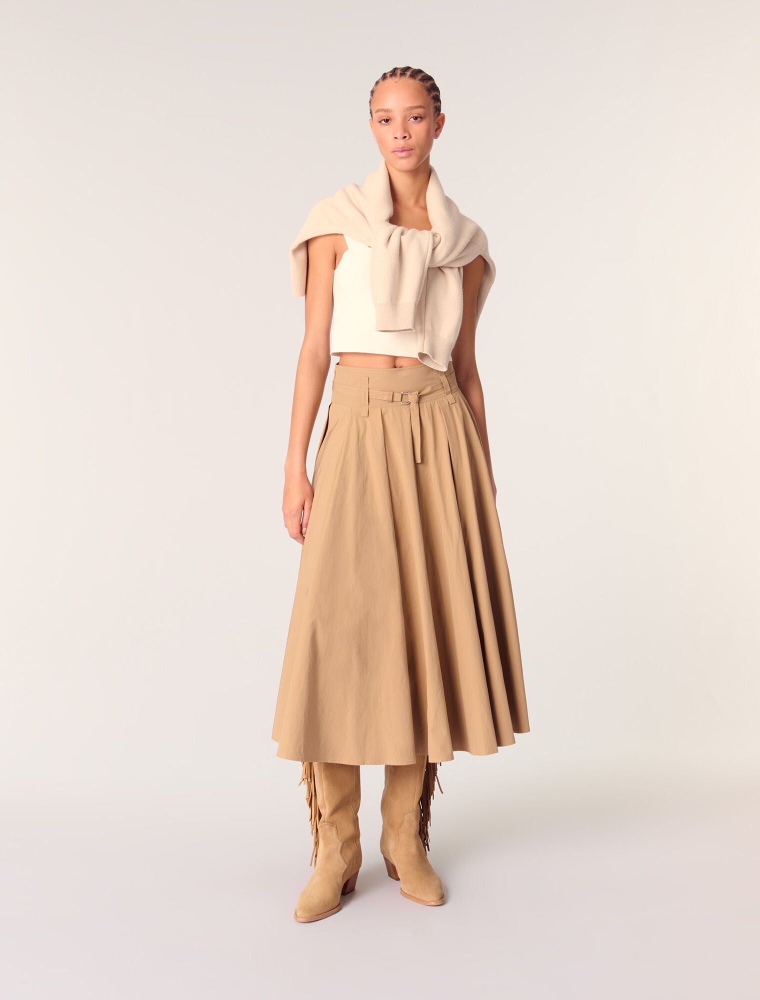 Beige-featured-Cotton pleated maxi skirt 