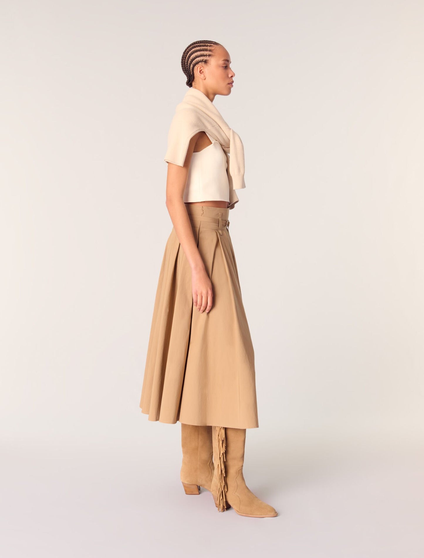 Beige-Cotton pleated maxi skirt 