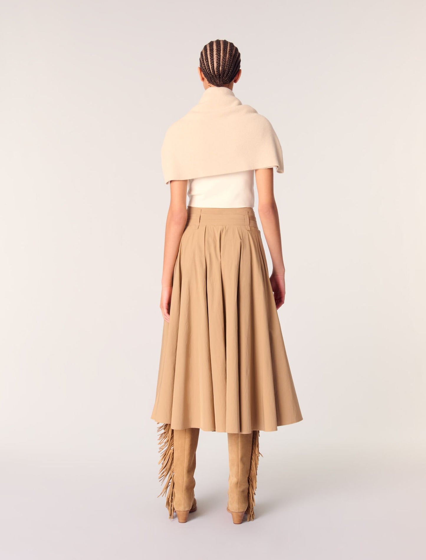 Beige-Cotton pleated maxi skirt 