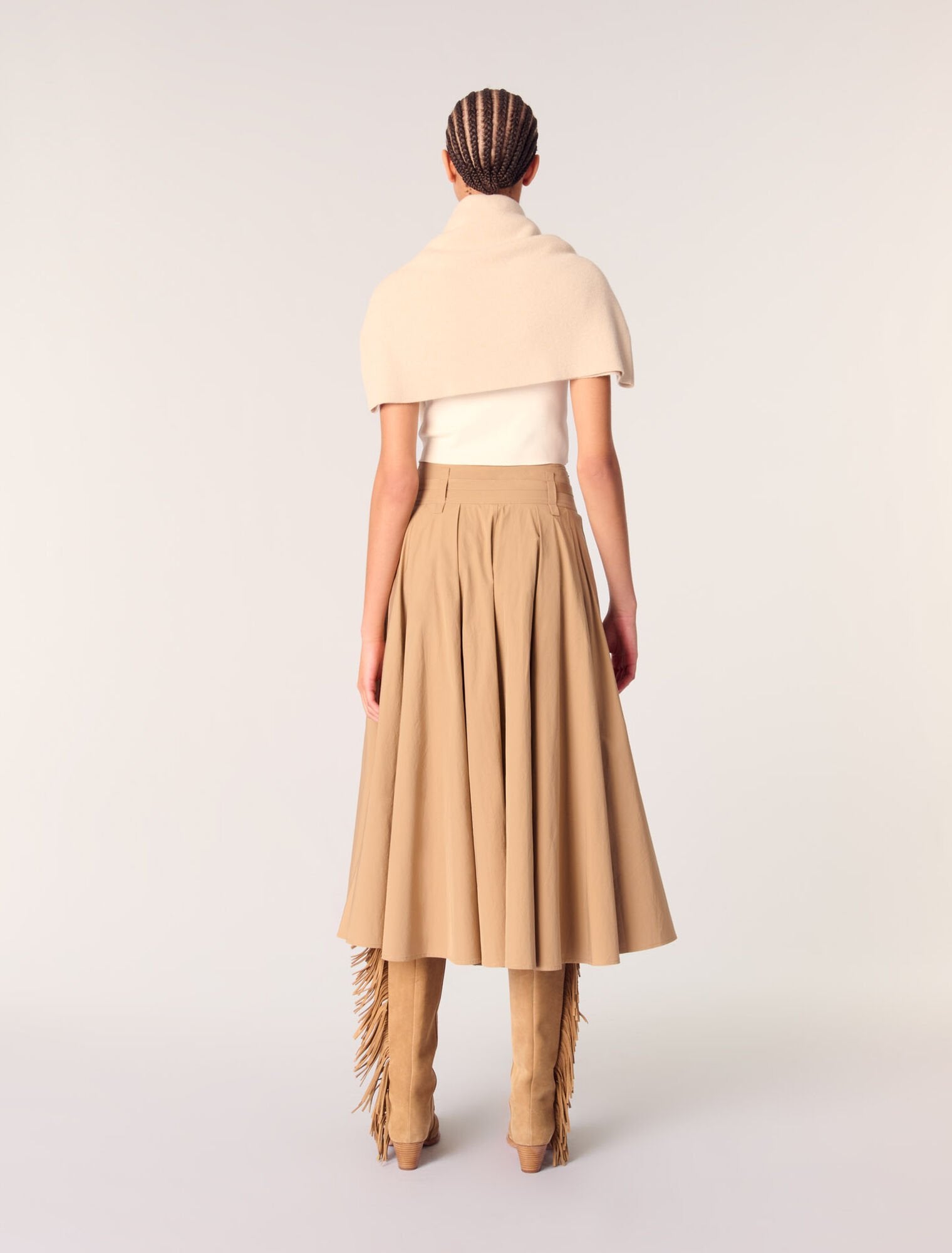 Beige-Cotton pleated maxi skirt 