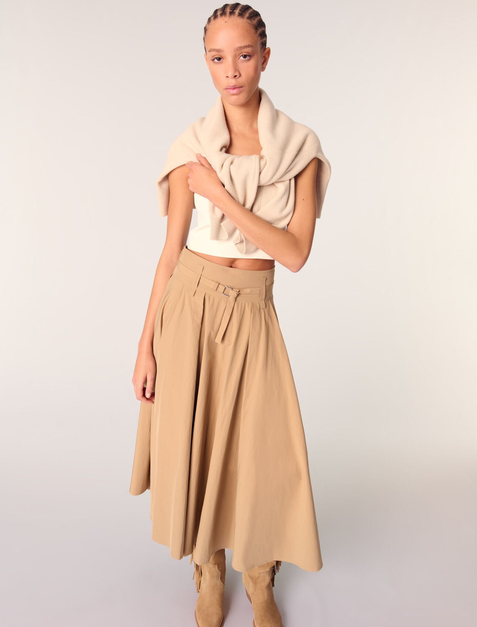 Beige-Cotton pleated maxi skirt 