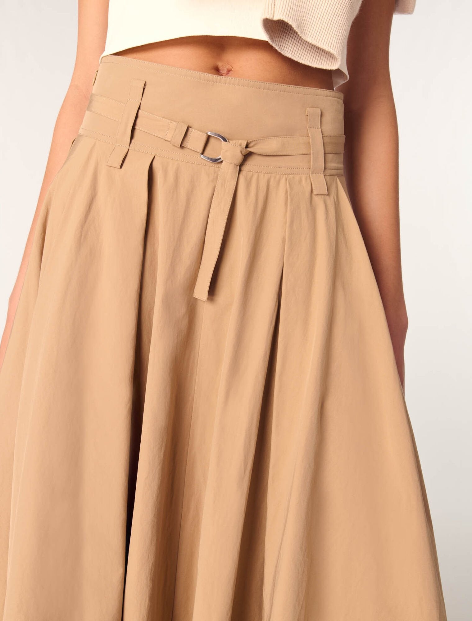 Beige-Cotton pleated maxi skirt 