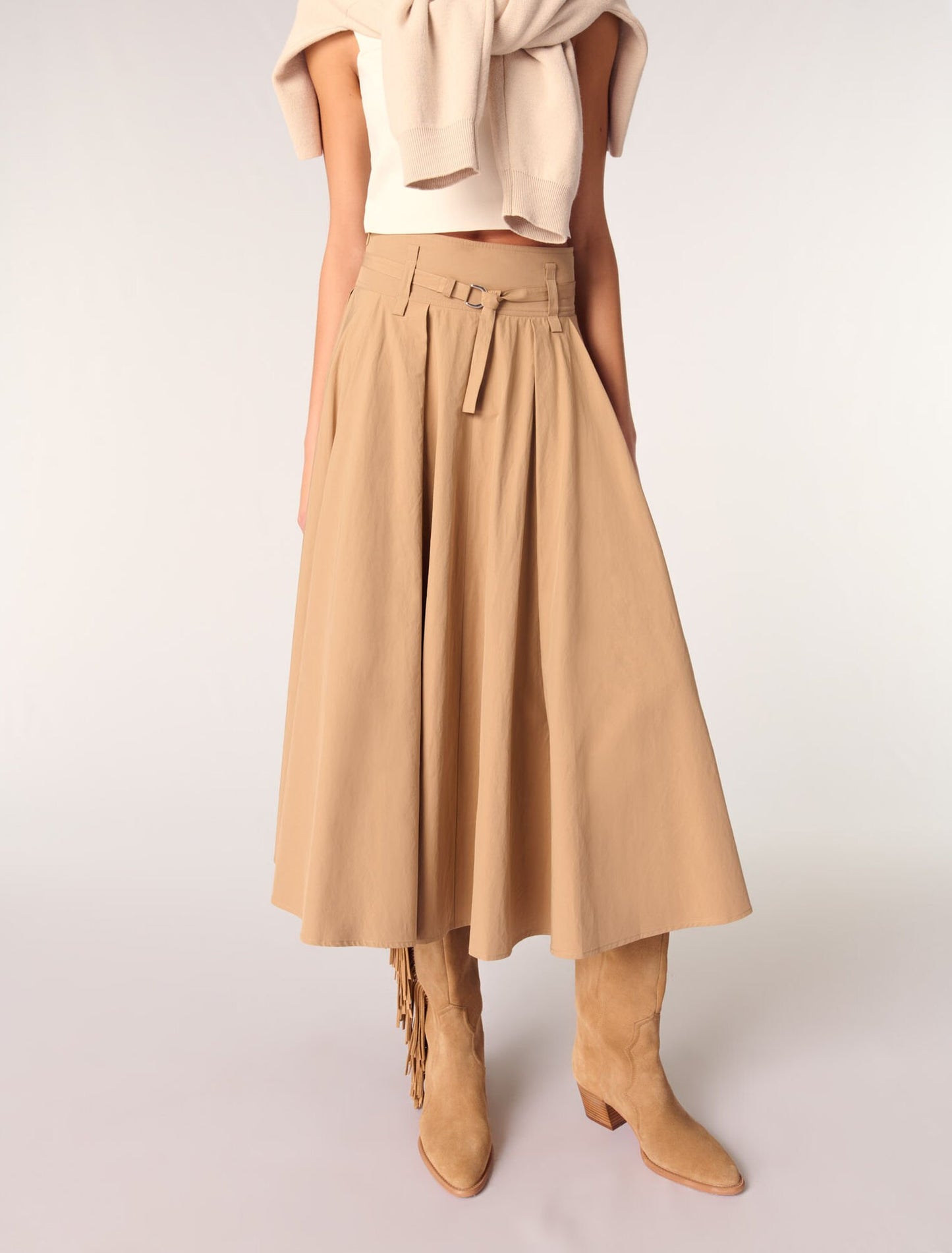 Beige-Cotton pleated maxi skirt 