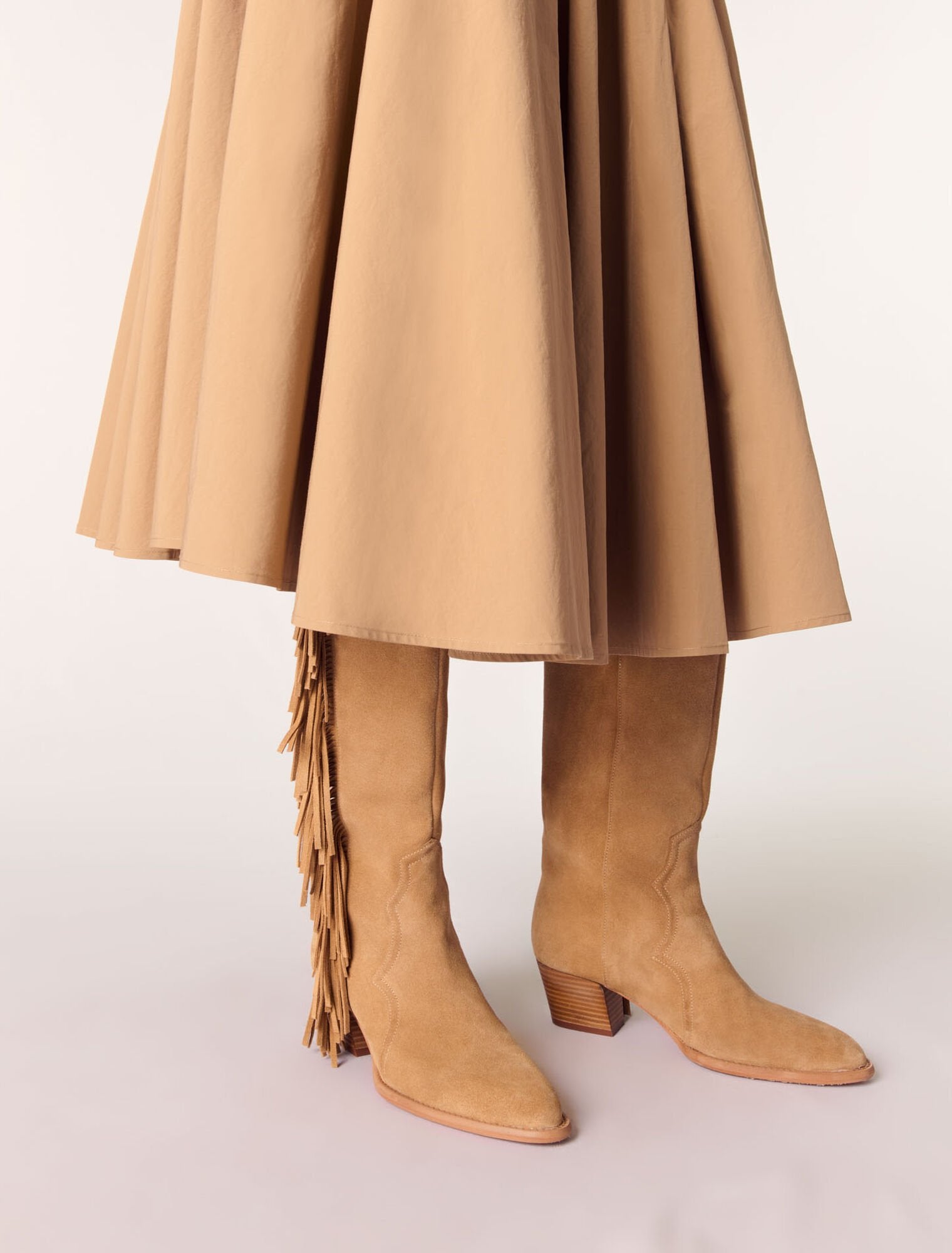 Beige-Cotton pleated maxi skirt 