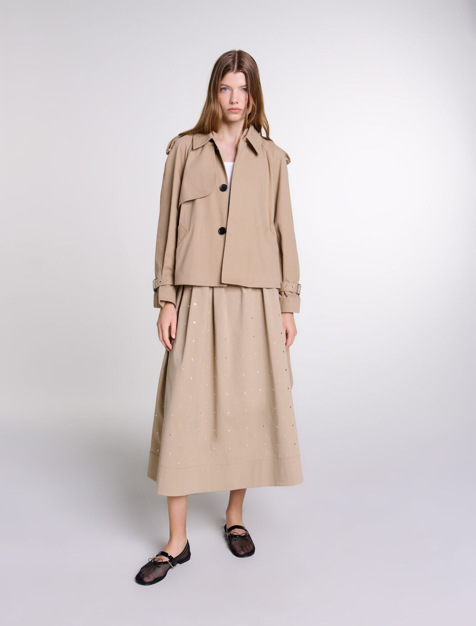 Beige featured-Short studded trench coat