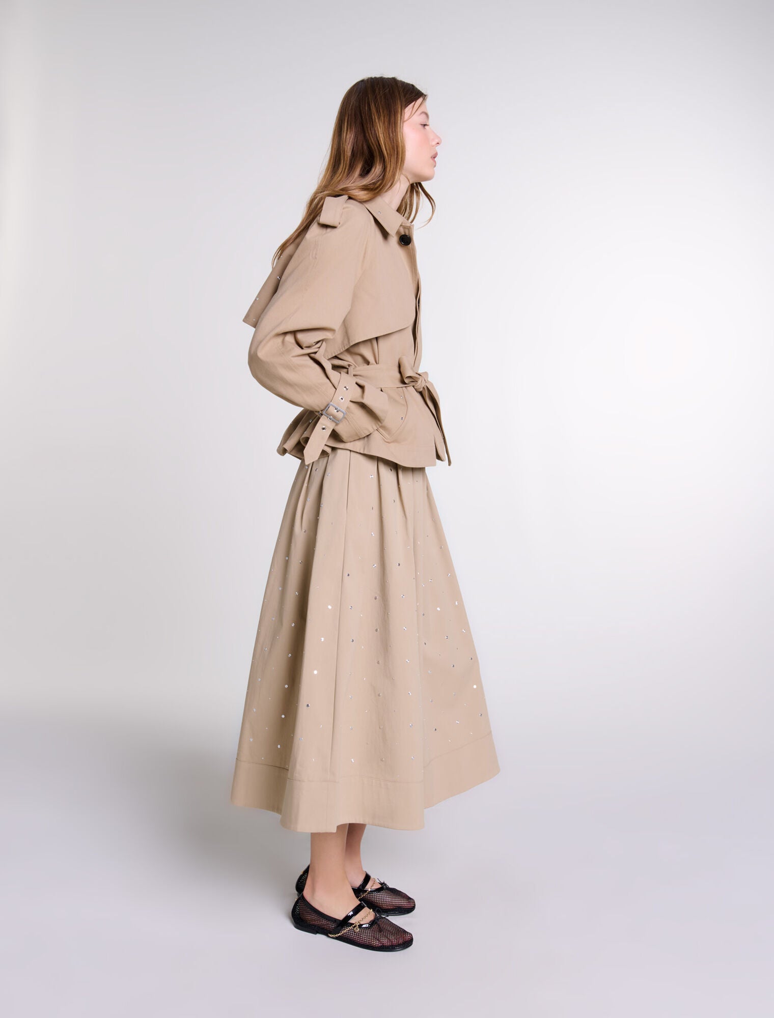 Beige featured-Short studded trench coat