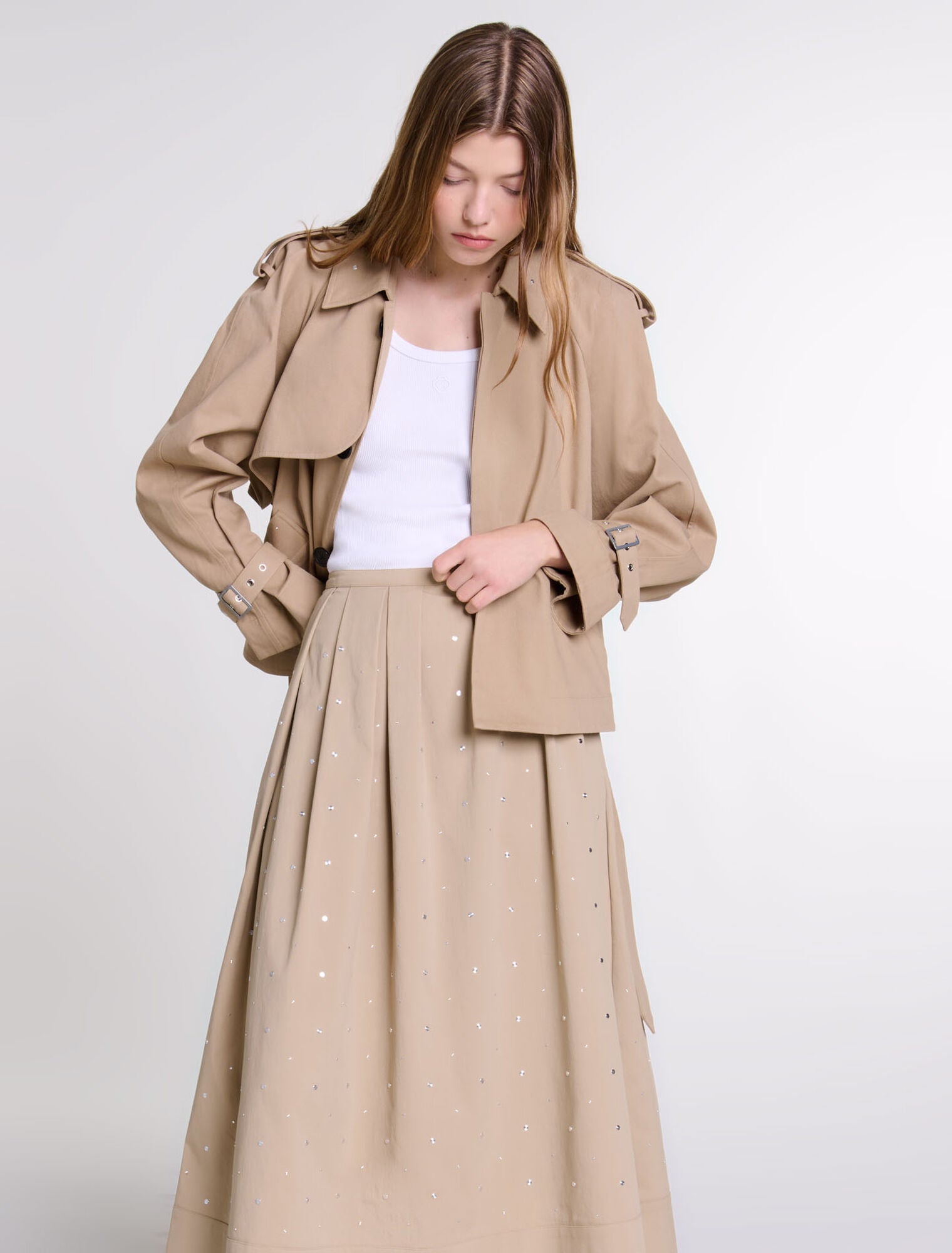 Beige featured-Short studded trench coat