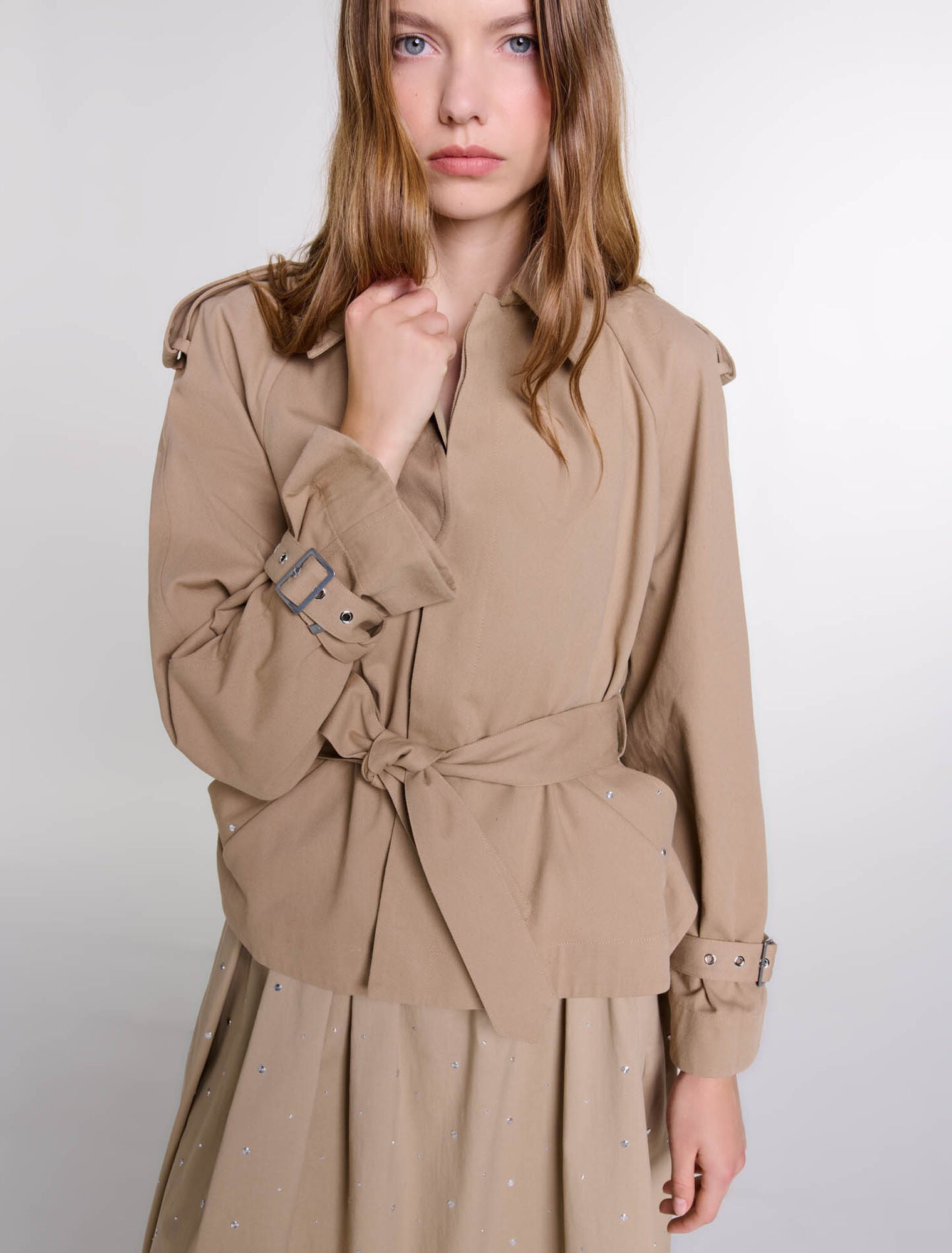 Beige featured-Short studded trench coat