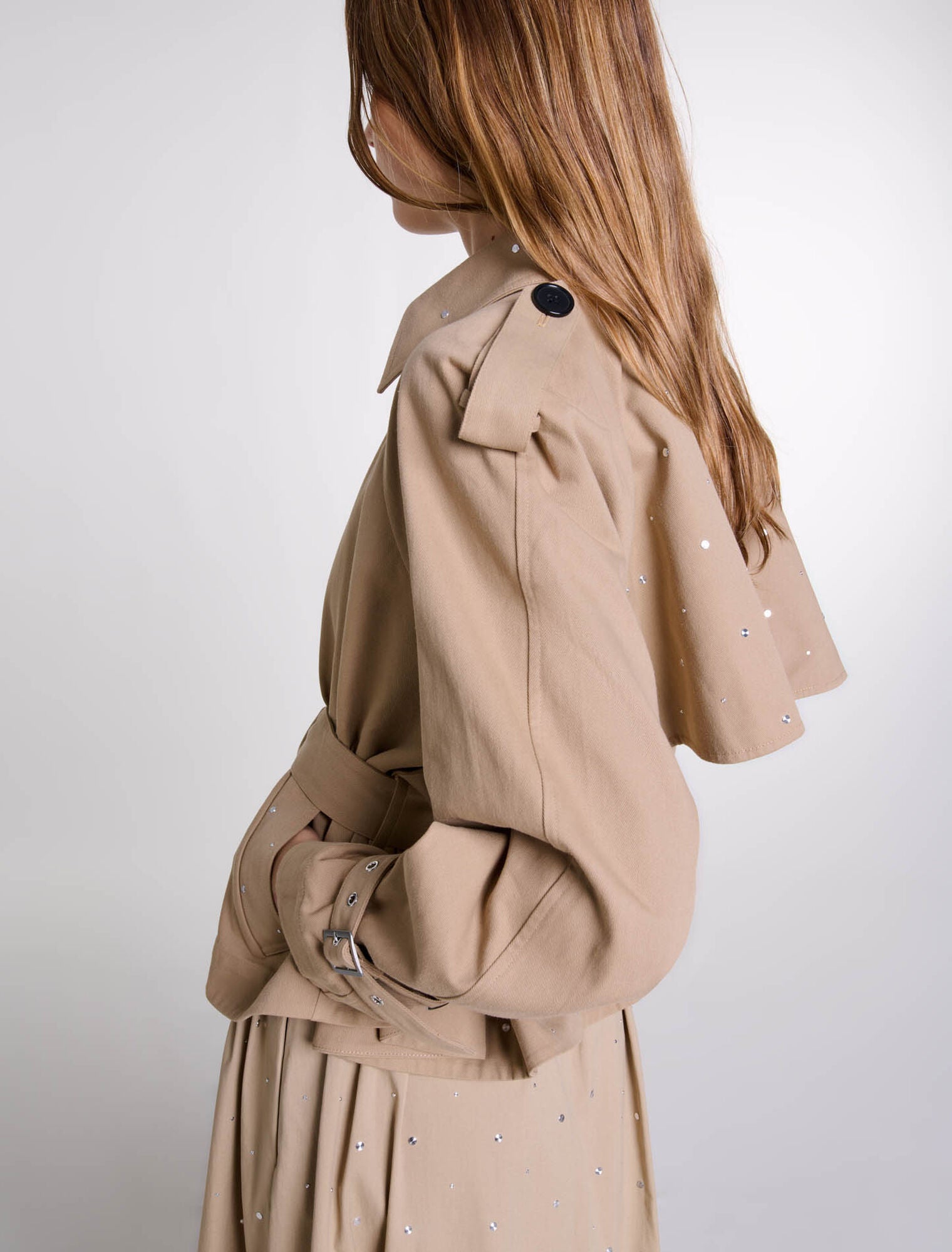 Beige featured-Short studded trench coat