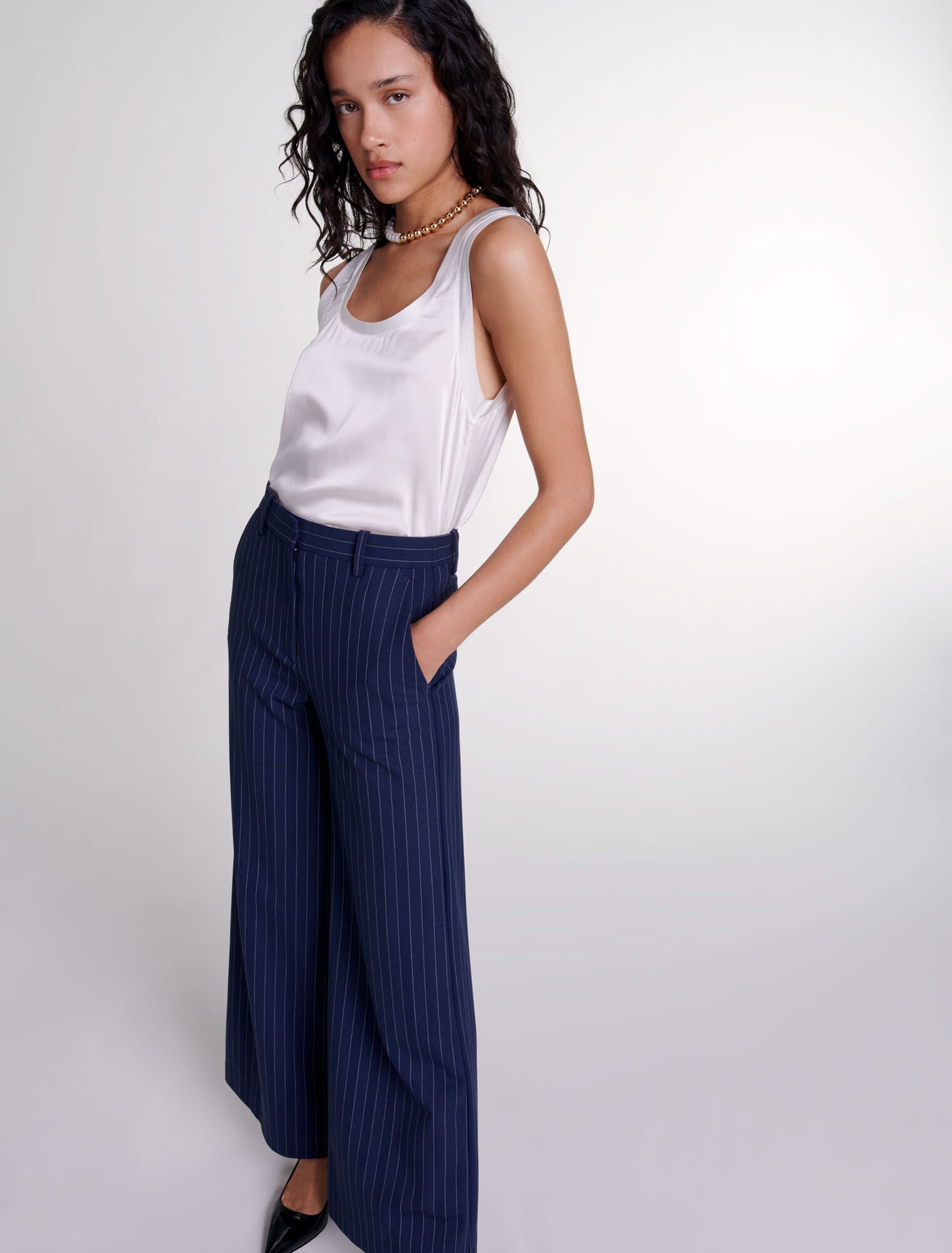 Navy and white striped trousers on sale