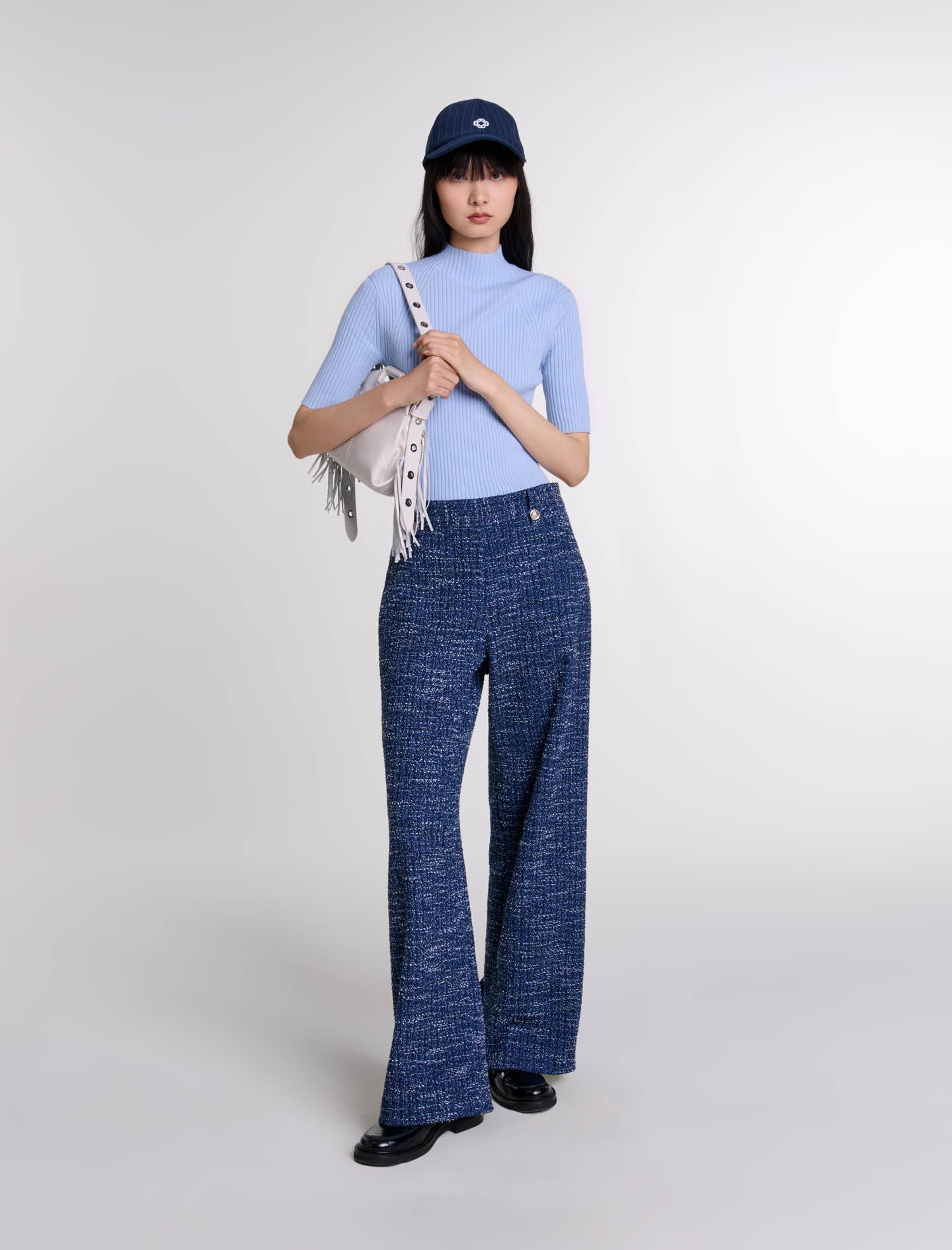 Blue-featured-Wide-leg tweed trousers