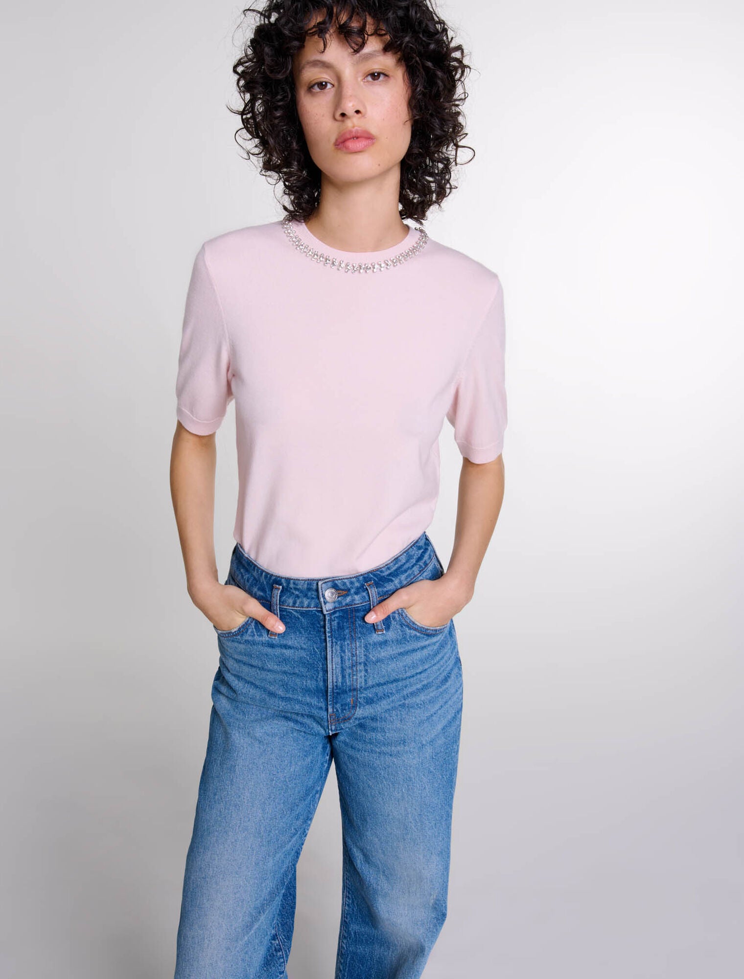 Pink featured-Rhinestone knit top