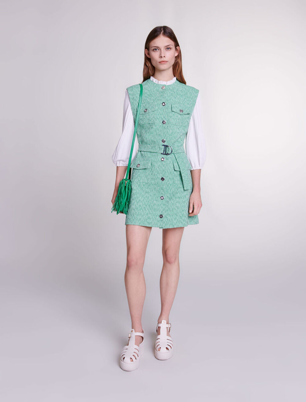 Green featured-Dual-material tweed dress