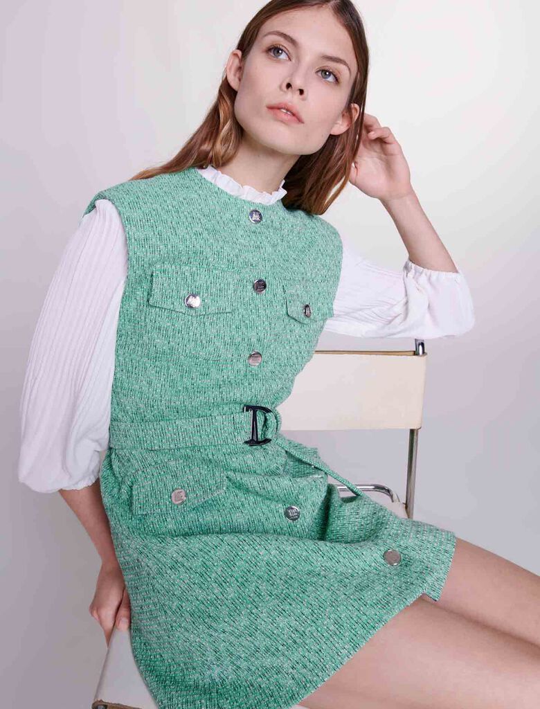 Green  -Dual-material tweed dress