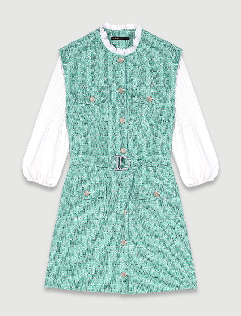 Green  -Dual-material tweed dress