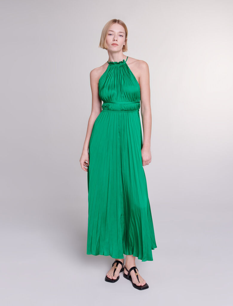 Green featured  Pleated satin maxi dress