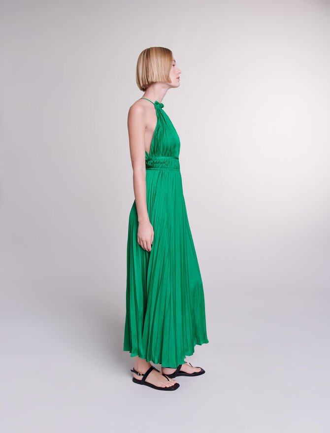 Green Pleated satin maxi dress