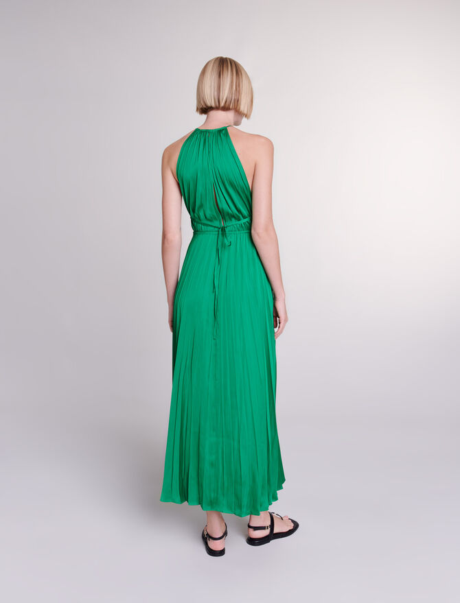 Green Pleated satin maxi dress