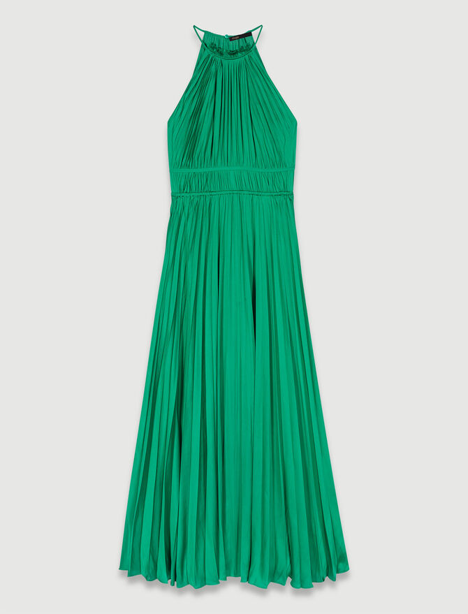 Green Pleated satin maxi dress